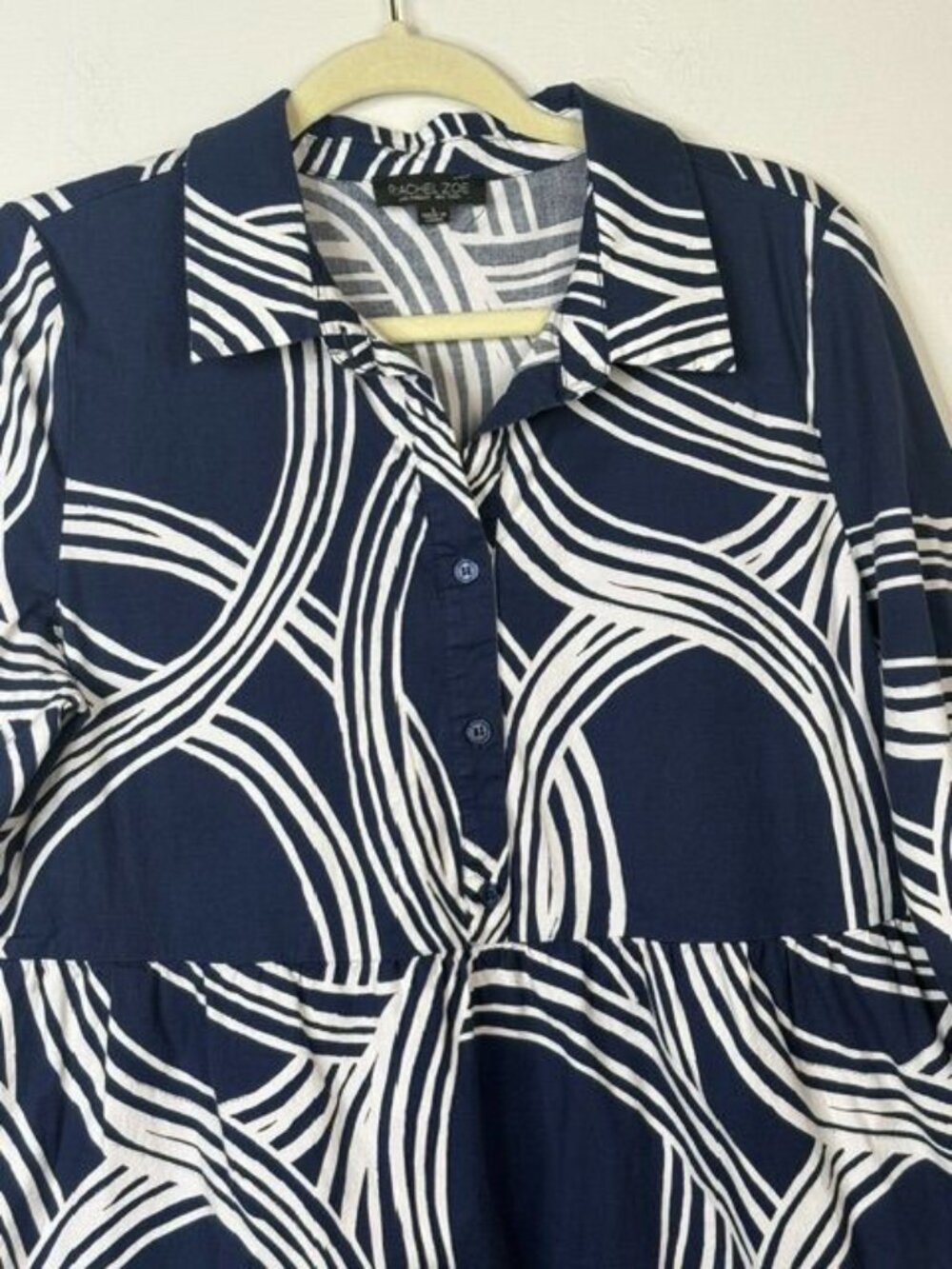Rachel Zoe Women's Navy & White Geometric Shirt Dress w/ Pockets Size L - Picture 3 of 6